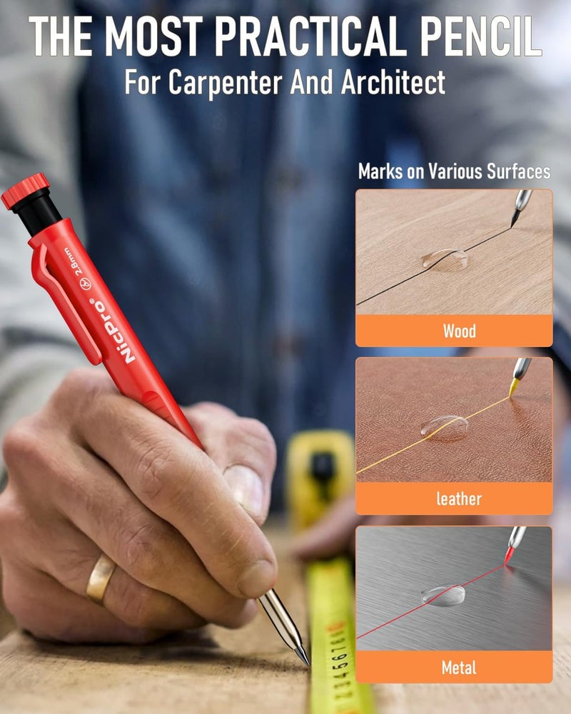 Nicpro مجموعة أقلام نجارة 11 قطعة مع مبراة، أقلام نجارة ميكانيكية مع 40 إعادة تعبئة، أداة ثقب مركزية أوتوماتيكية وأداة نقش كربيد، قلم بناء ثقيل للمهندسين المعماريين - مع حقيبة - Image 5